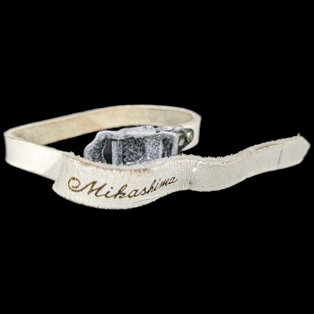 Mikashima Toe Clip Strap White Leather Gold Writing Pedal MKS Bicycling Genuine